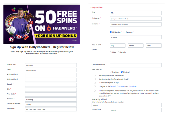 Image of Hollywoodbets how to sign up page
