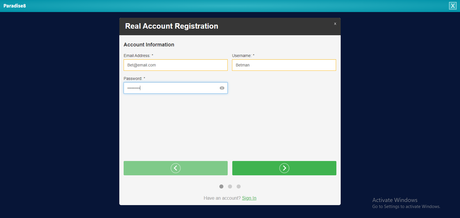 Step 4: Registration on Paradise 8 casino
