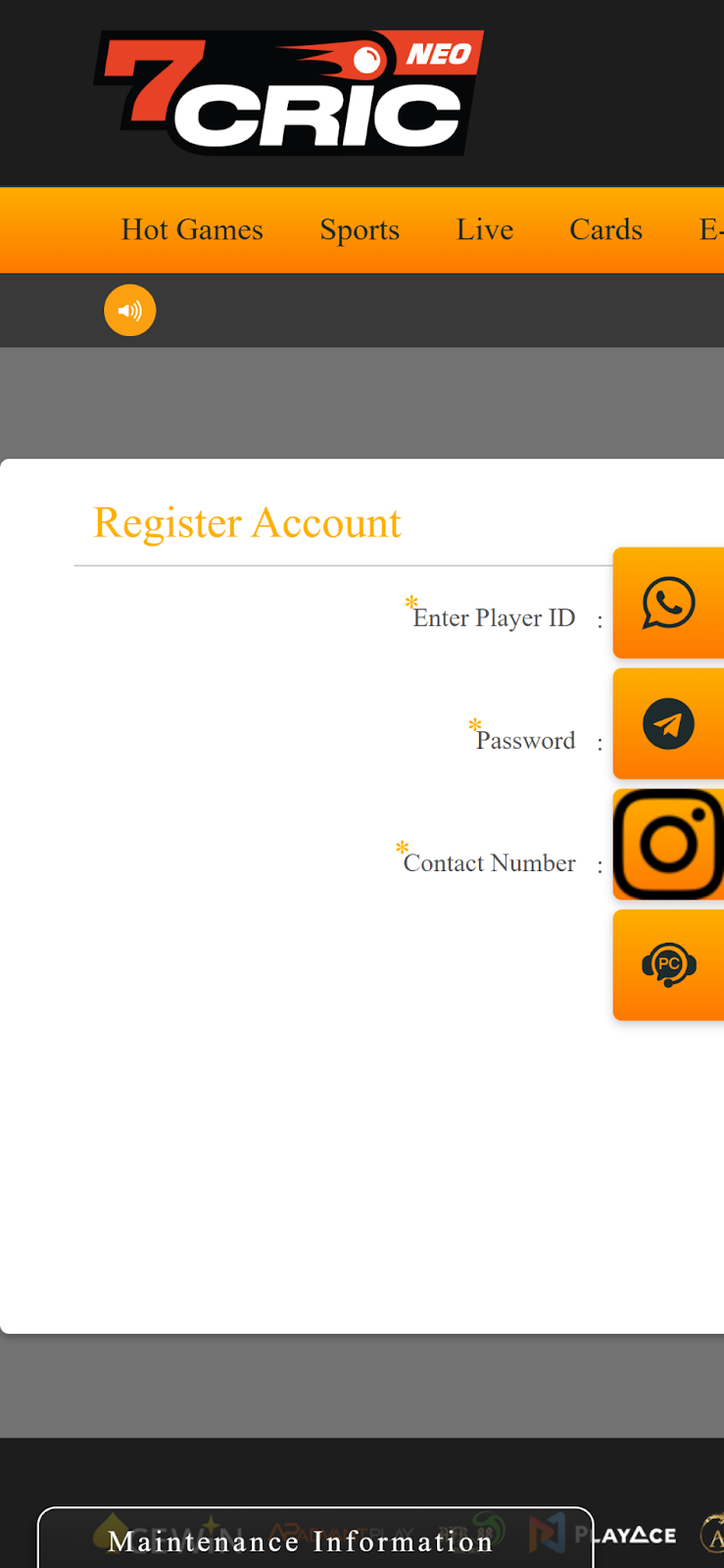 7Cric Mobile Registration Interface