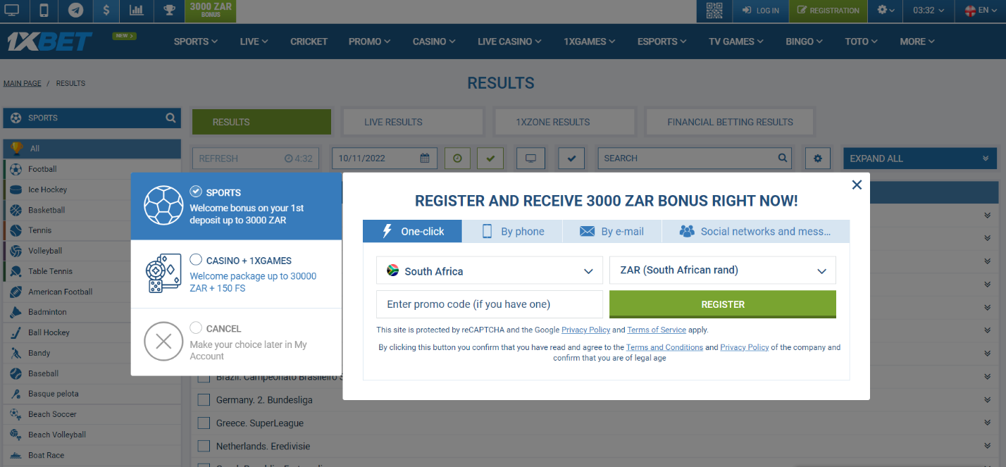 An image of the 1xBet sign-up form
