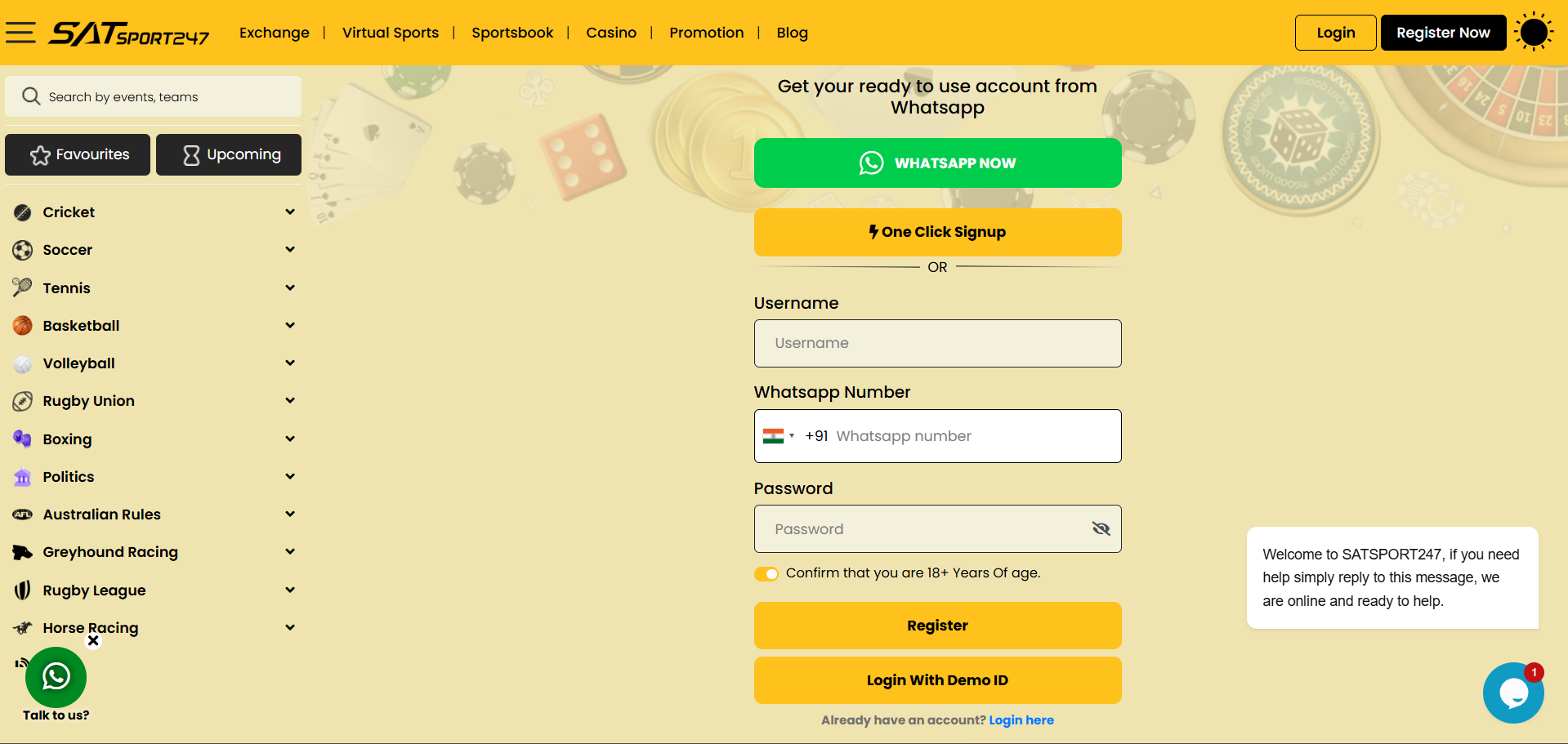 Registration form on Satsport