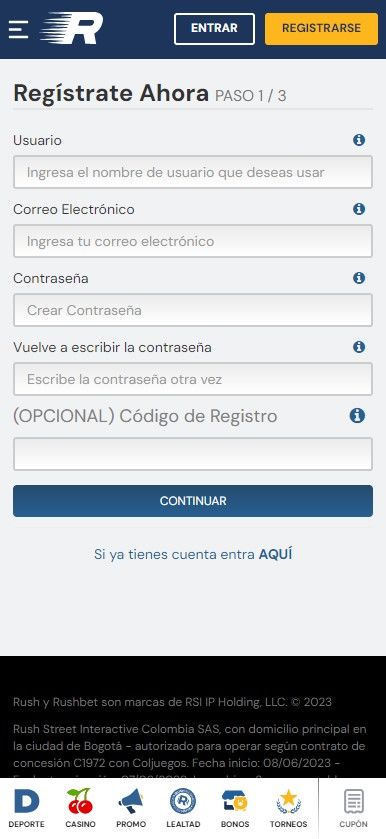 Formulario de registro de Rushbet Colombia