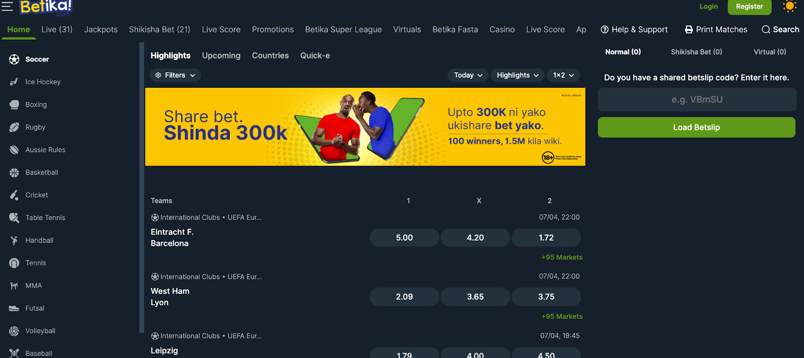 Betika homepage with register, live bets, jackpots, promotions among other features