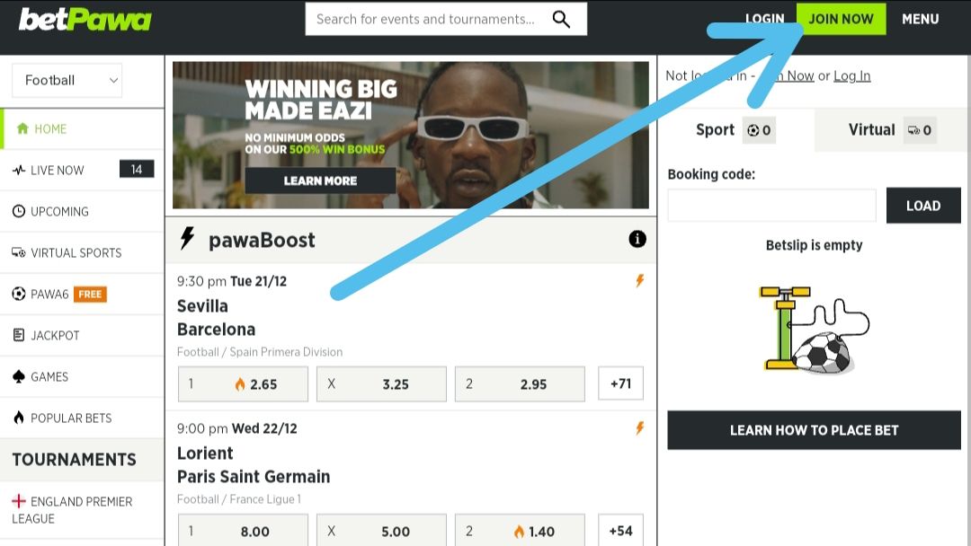 The arrow pointing at the Join now dashboard to sign-up for a Betpawa account.