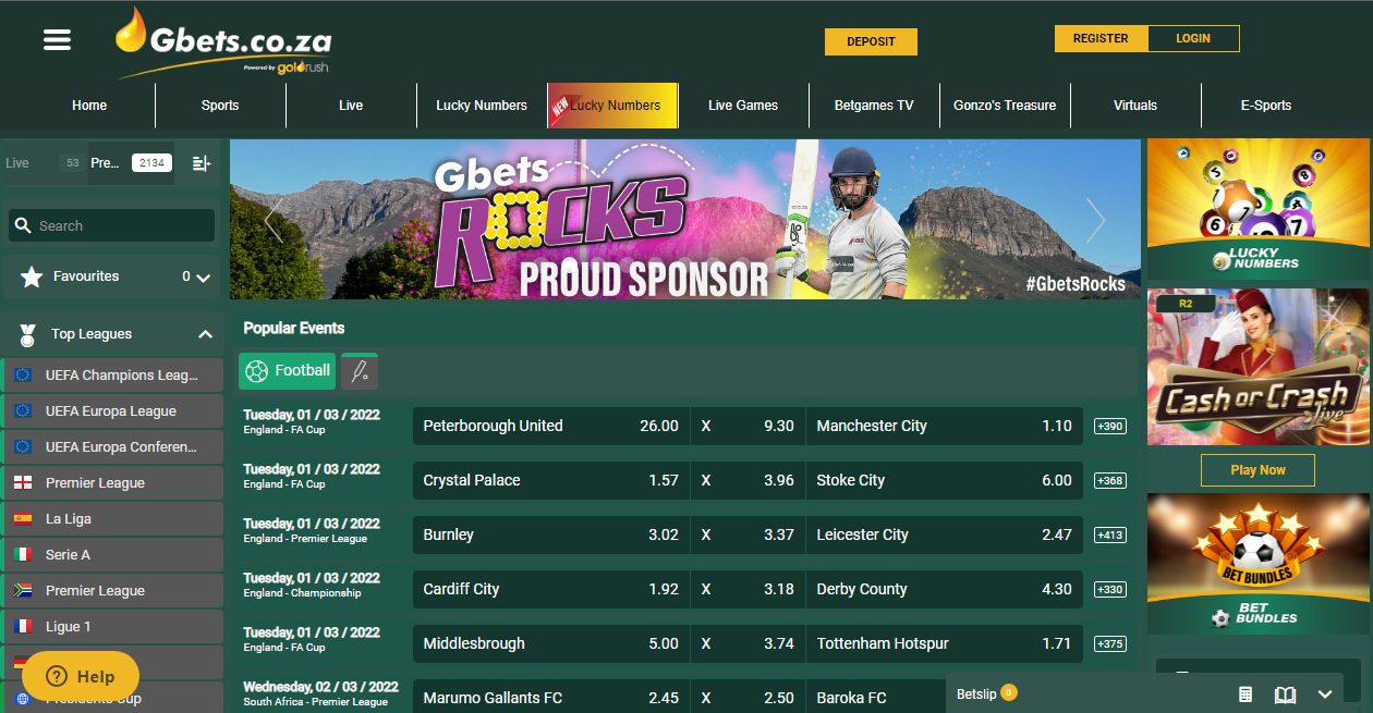 An image of the Gbets sportsbook page
