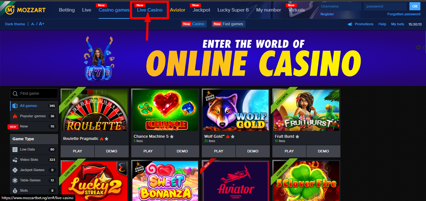 Image of Mozzartbet Online Casino Page