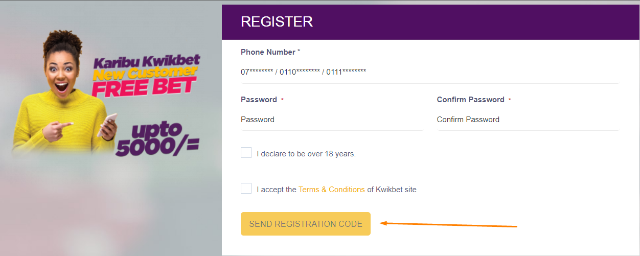 An image of the Kwikbet send registration code page