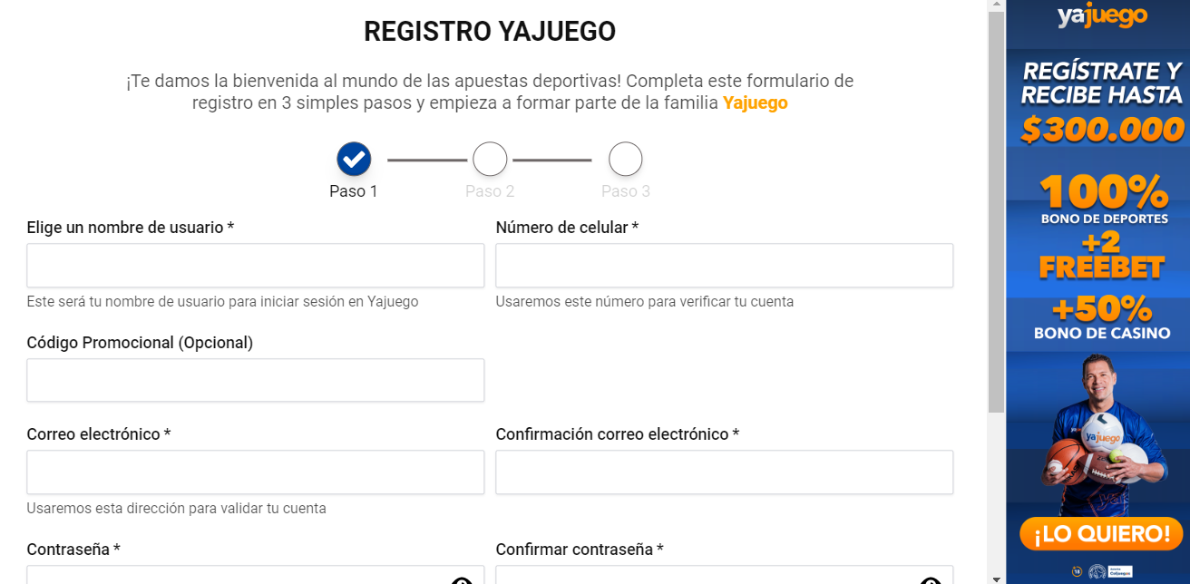 Paso 3 para registrarse en YaJuego