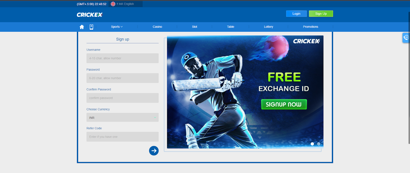 cricket sign up page