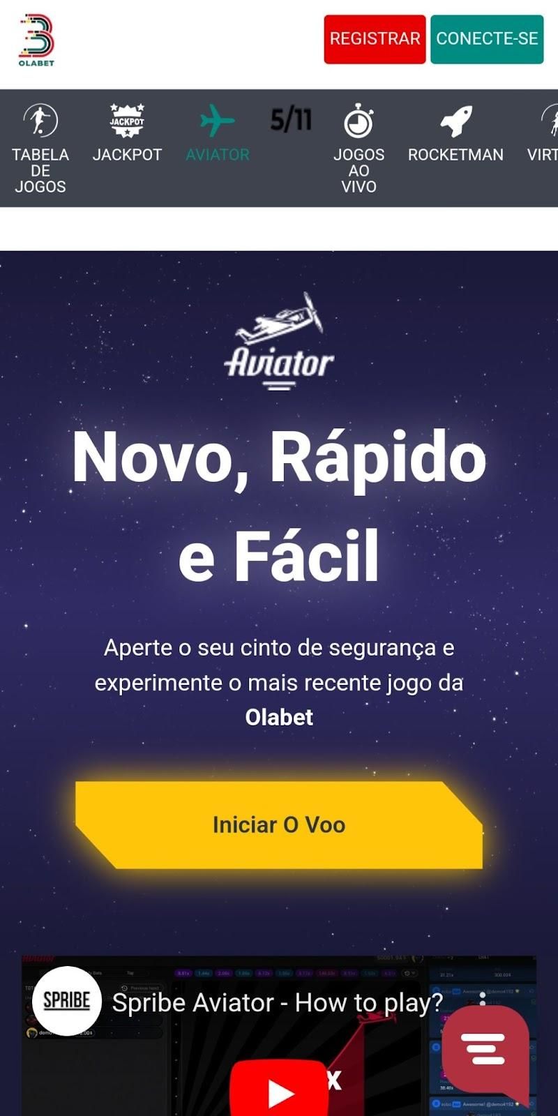  Jogo ‘Aviator’ na aplicação móvel para Android da Olabet