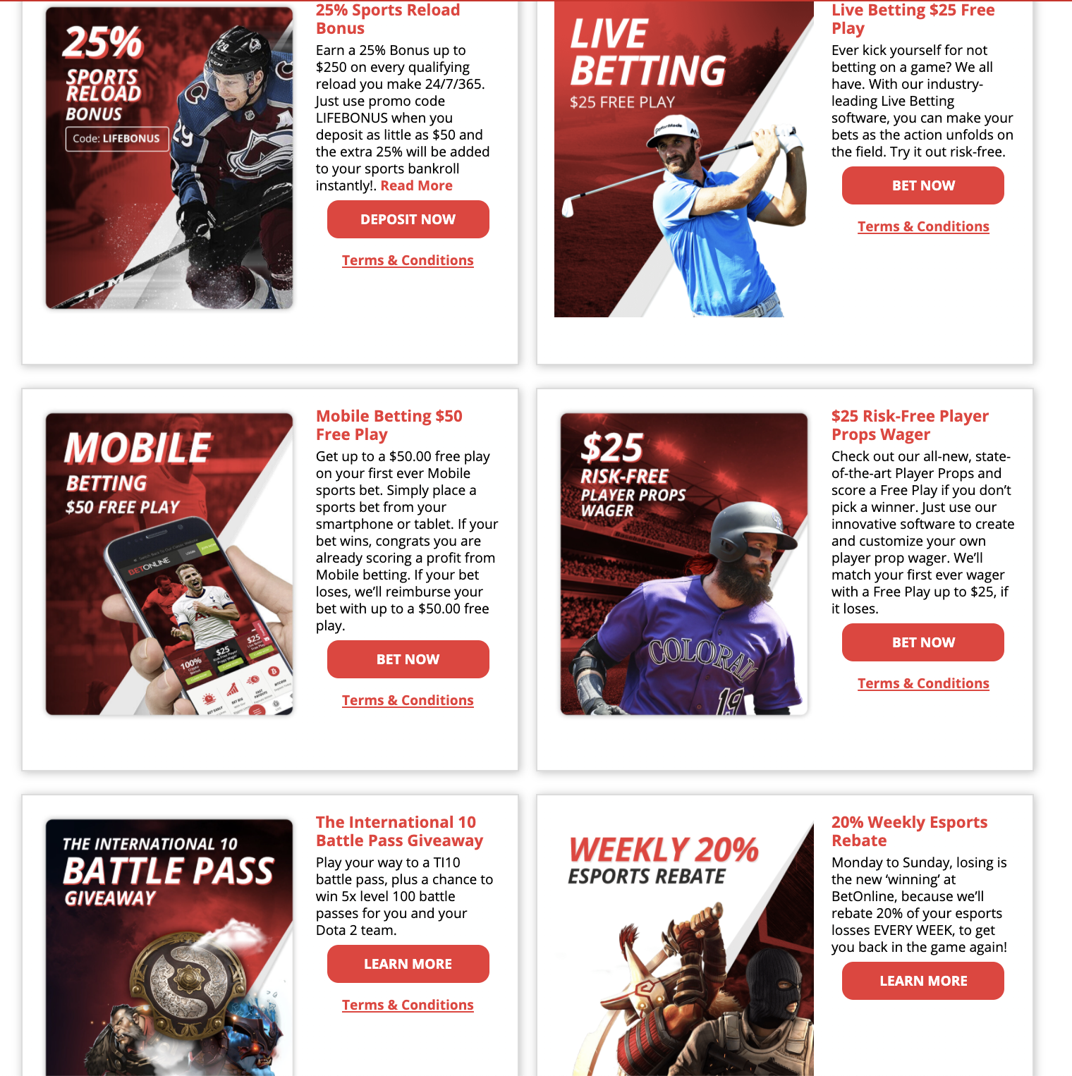 BetOnline Sportsbook pomotions Image of BetOnline promotions page