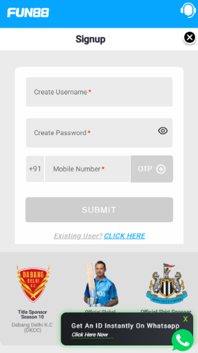 Fun88 Registration Screen