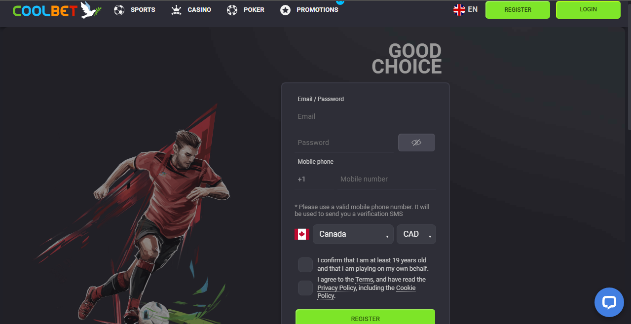 An image of the Coolbet sportsbook register form page