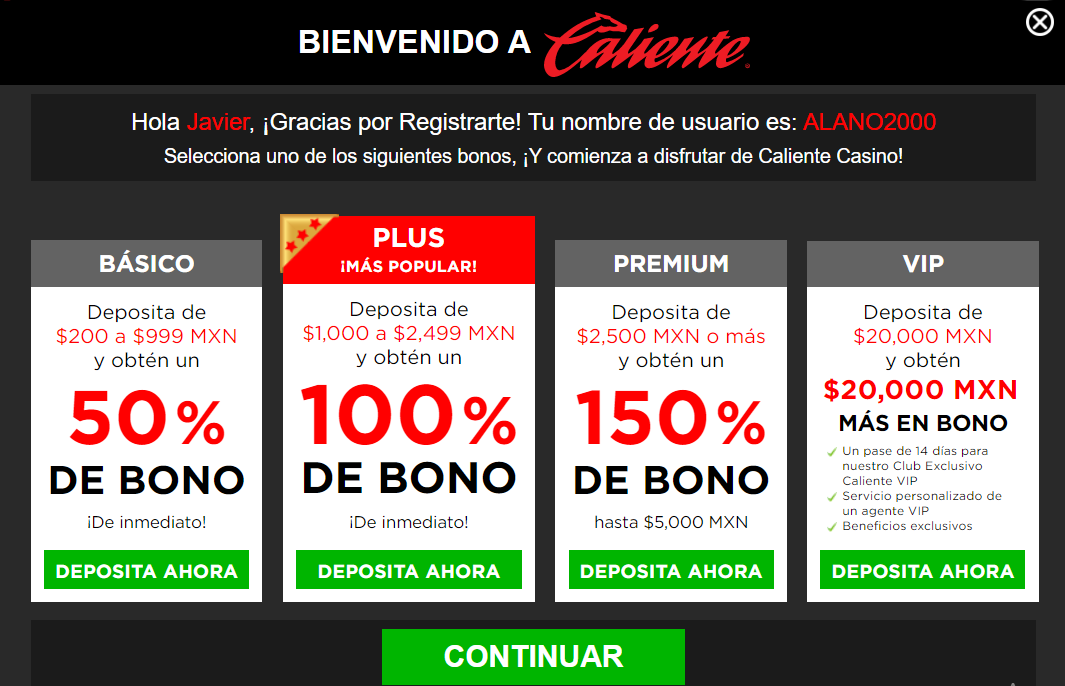 Un screenshot del bono de bienvenida de hasta $5,000 de Caliente México
