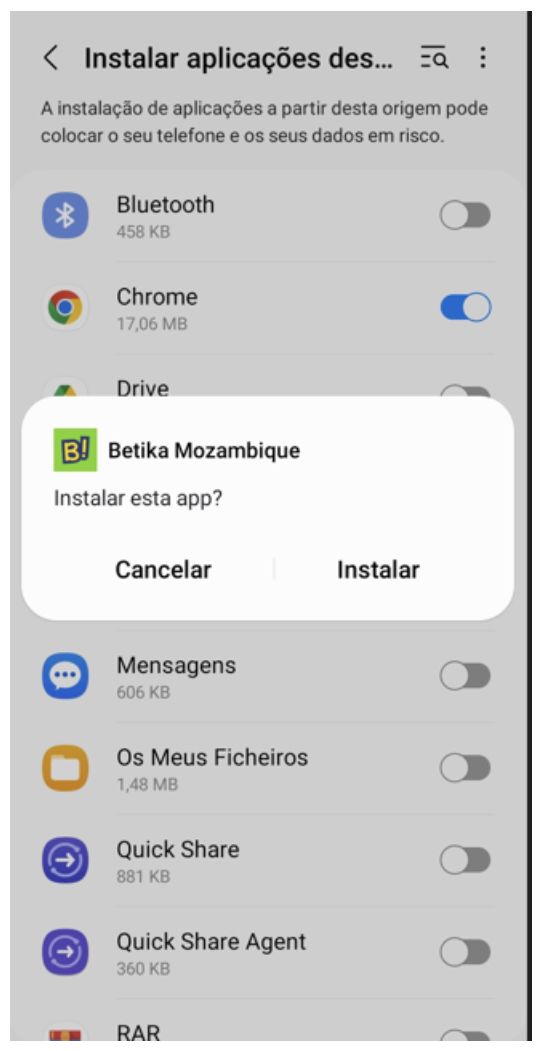Processo de instalação da aplicação da Betika para a versão Android
