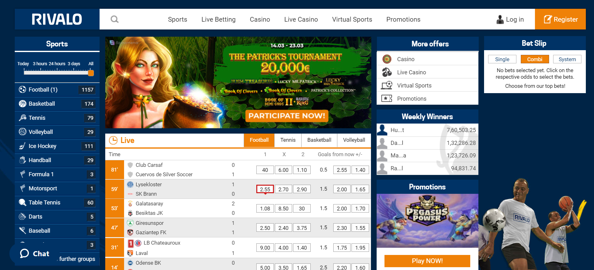 The sports betting site Rivalo features options to participate in tournaments, sports betting, and promotions as well.