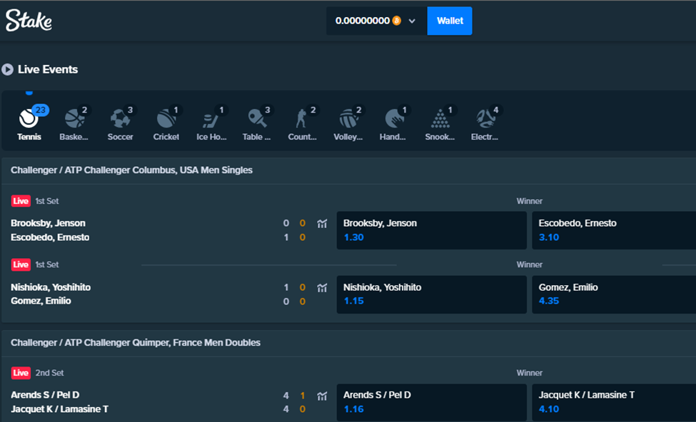 Stake Sportsbook Odds Main page of Stake live events