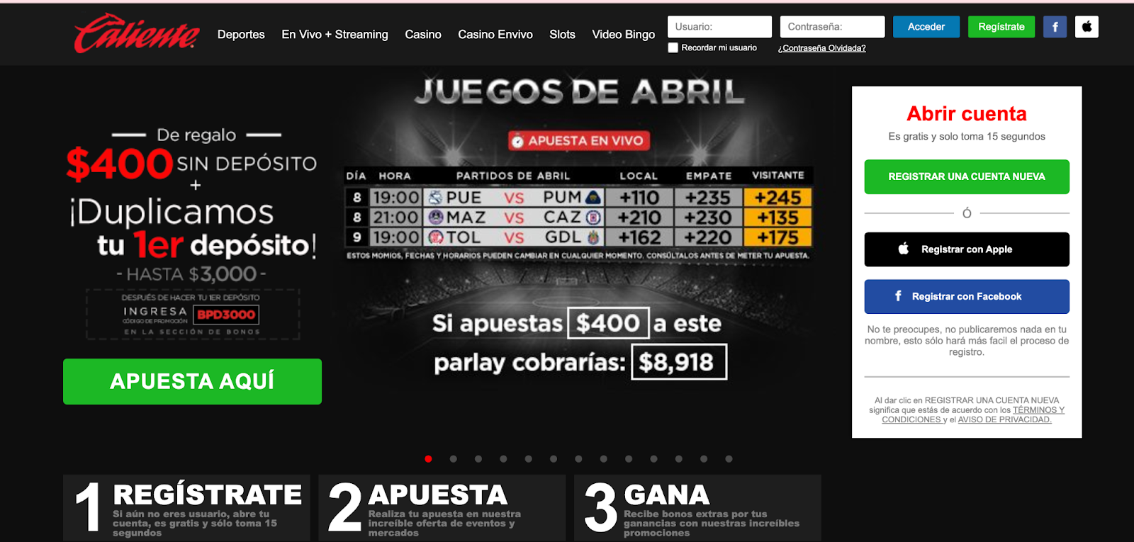 Image of Caliente  mexico homepage showing login and register features