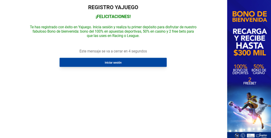 Mensaje de finalización del registro en Yajuego