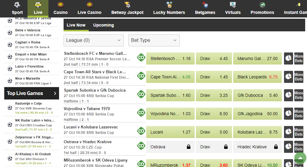 An image of the Betway Nigeria live betting page