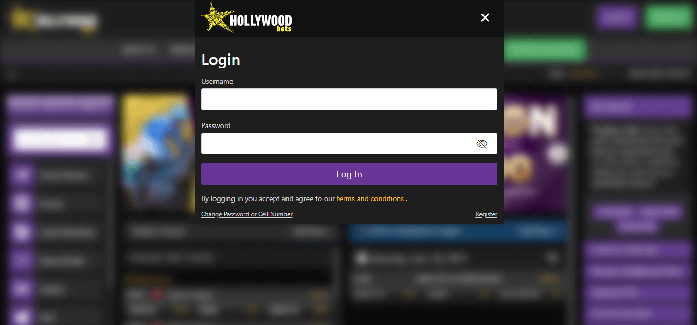 Image of Hollywoodbets South Africa LogIn Form