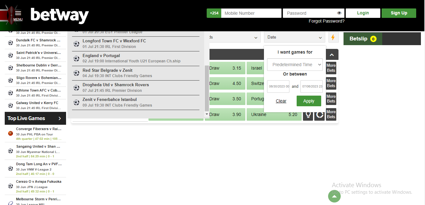Betway Soccer Search by Time and Date banner