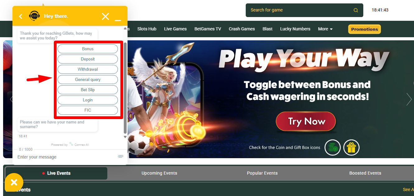 Gbets South Africa Live Chat Page