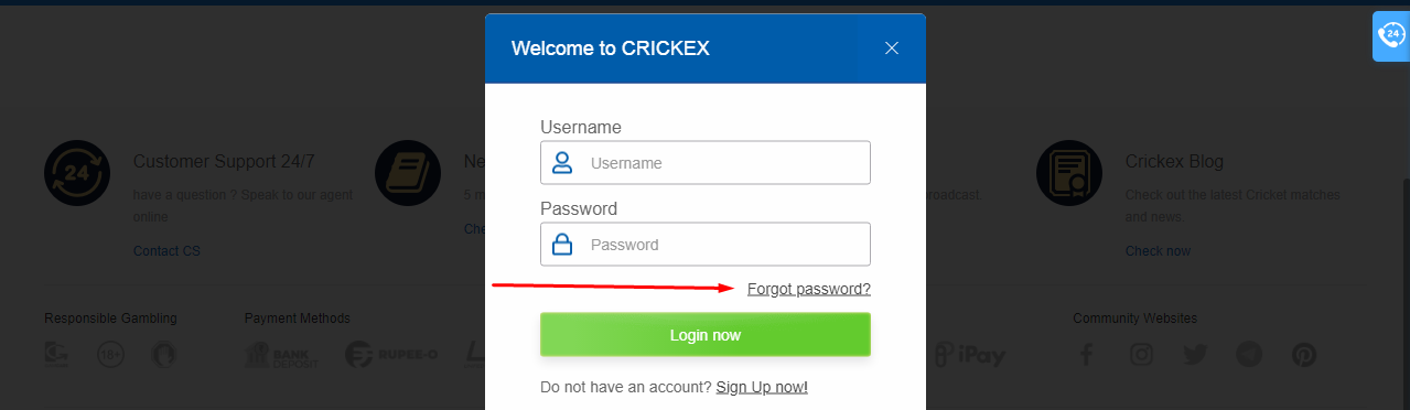 An image of the Crickex sportsbook forget password