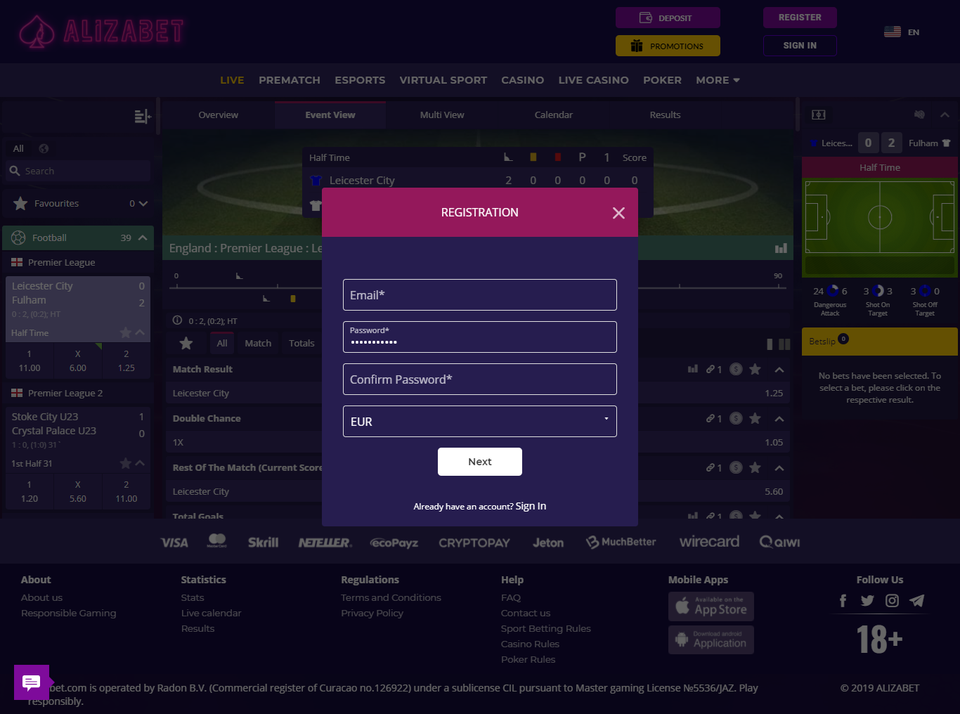 Alizabet Sportsbook Registration process.