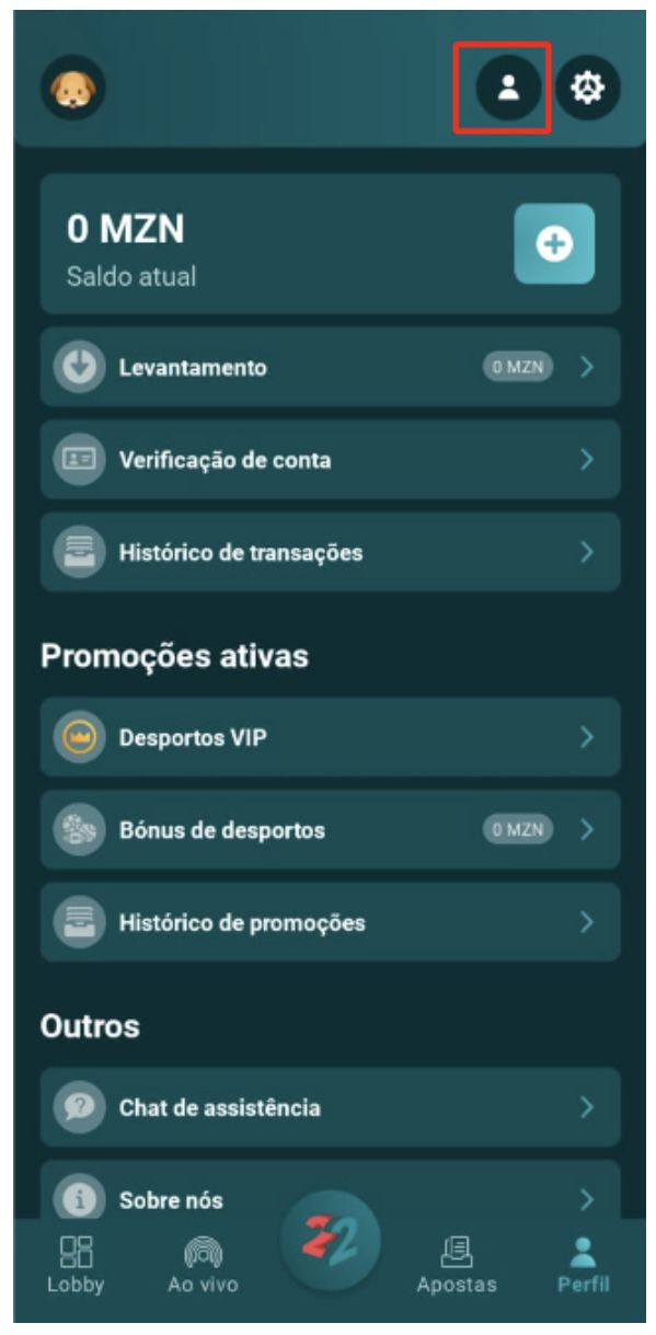  Perfil do utilizador na aplicação da 22Bet mobile