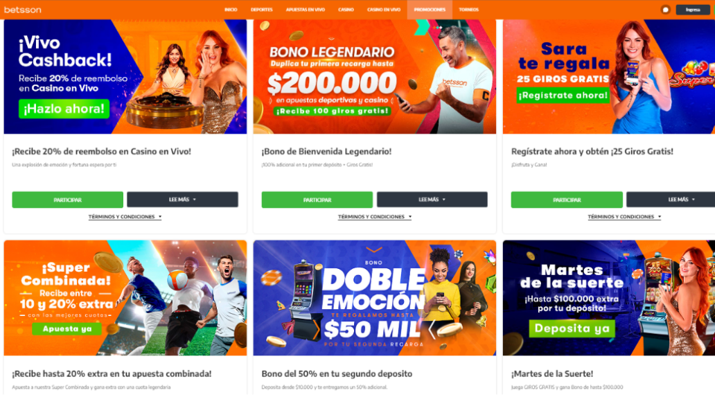 Se muestra la pantalla de las promociones de betsson Colombia