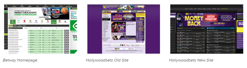 Overview of Betway Homepage, Hollywoodbets Old Site, and Hollywoodbets New Site