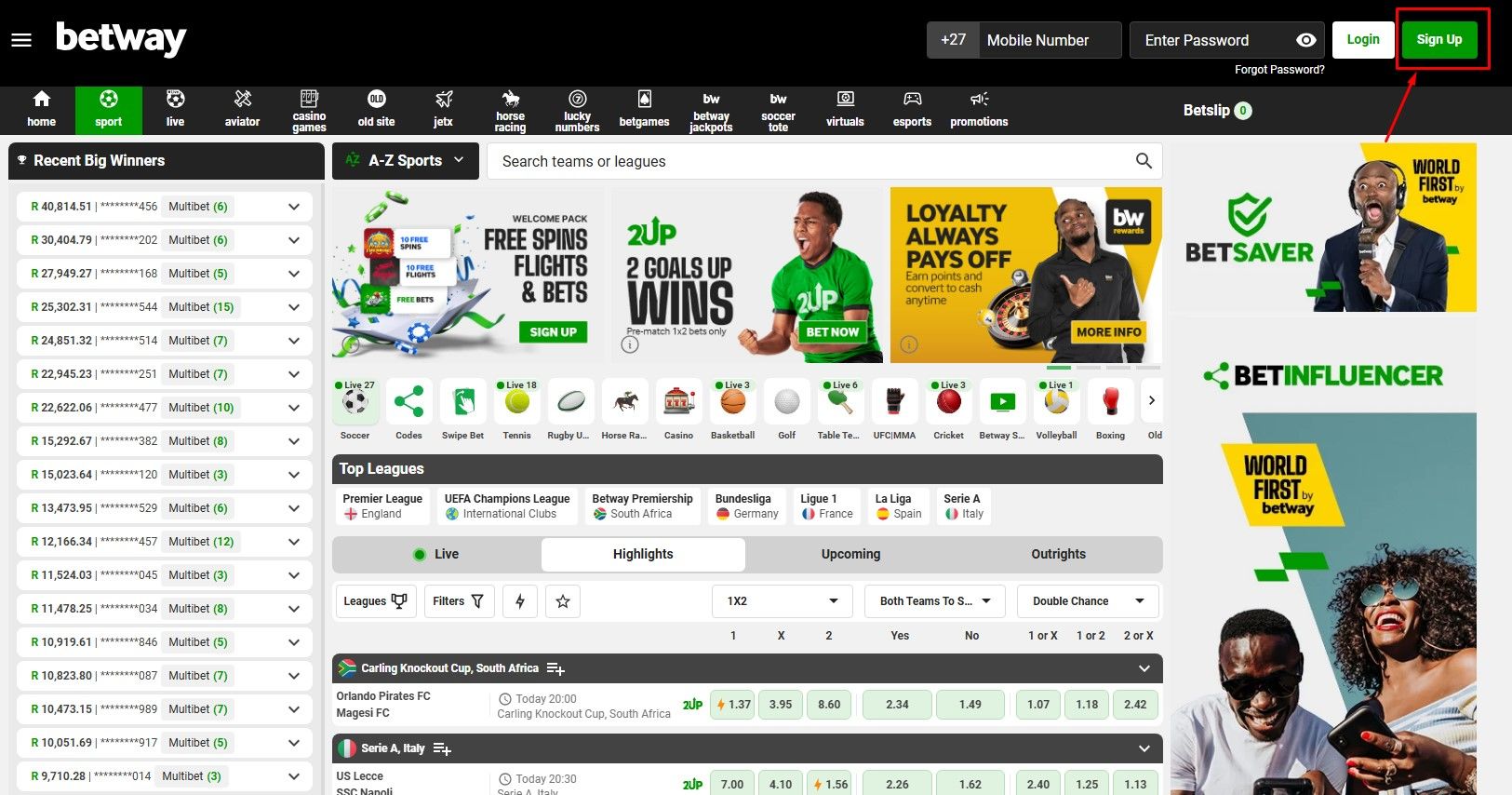 Image of Betway Sign Up Page