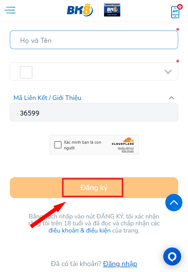 Nhập Mã liên kết (nếu có), tick xác minh con người và bấm Đăng ký.