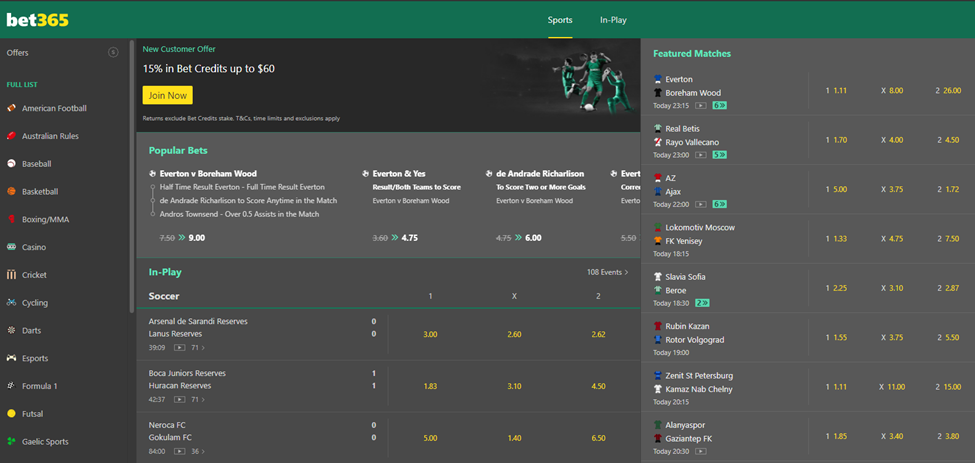 Main Sports Page of Bet365