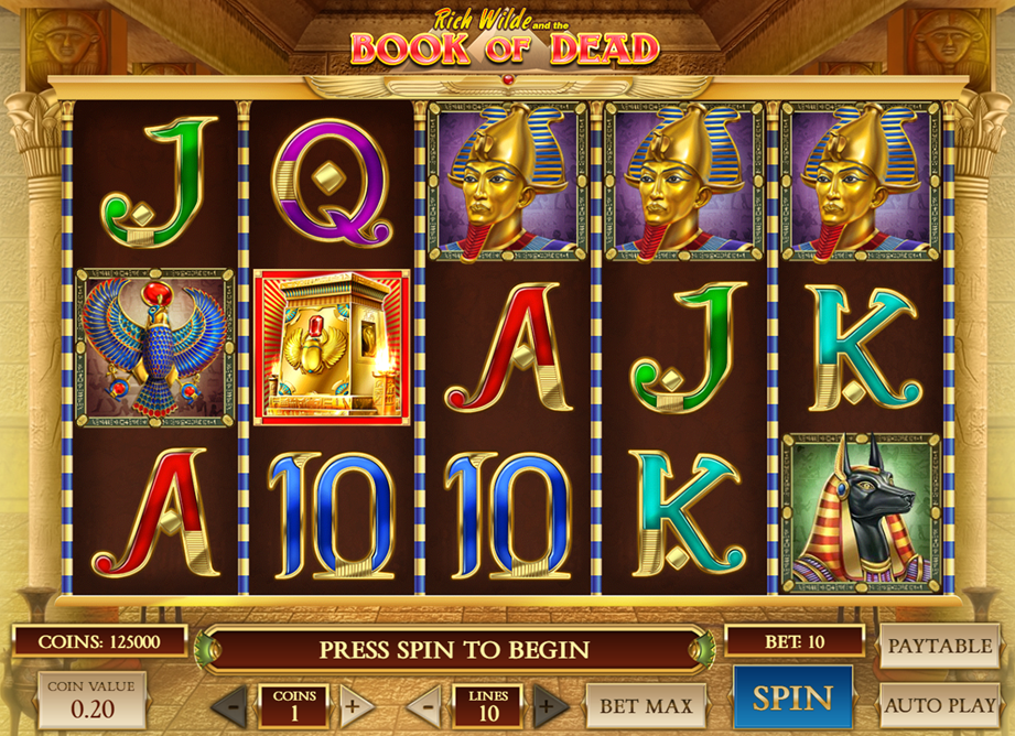 : Gráficos y efectos visuales de Book of Dead Pantalla de juego de la tragaperras con sus símbolos