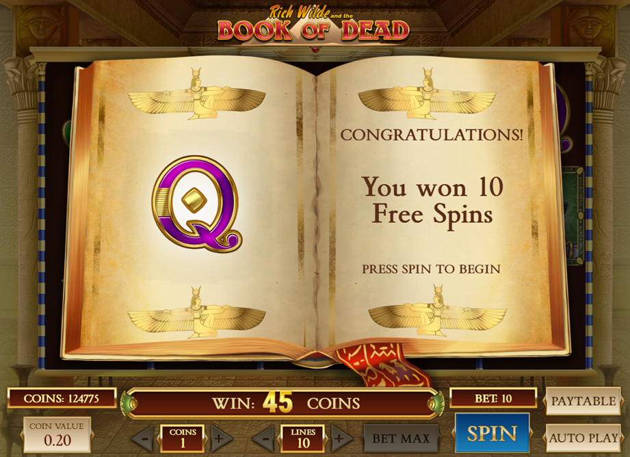 Ronda de giros gratis de Book of Dead Efecto visual anunciando el inicio de la ronda de giros gratis