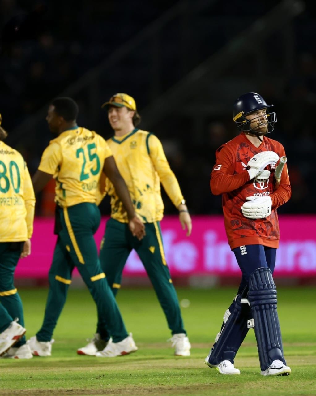 South Africa players celebrate a wicket. ProteasMenCSA/X