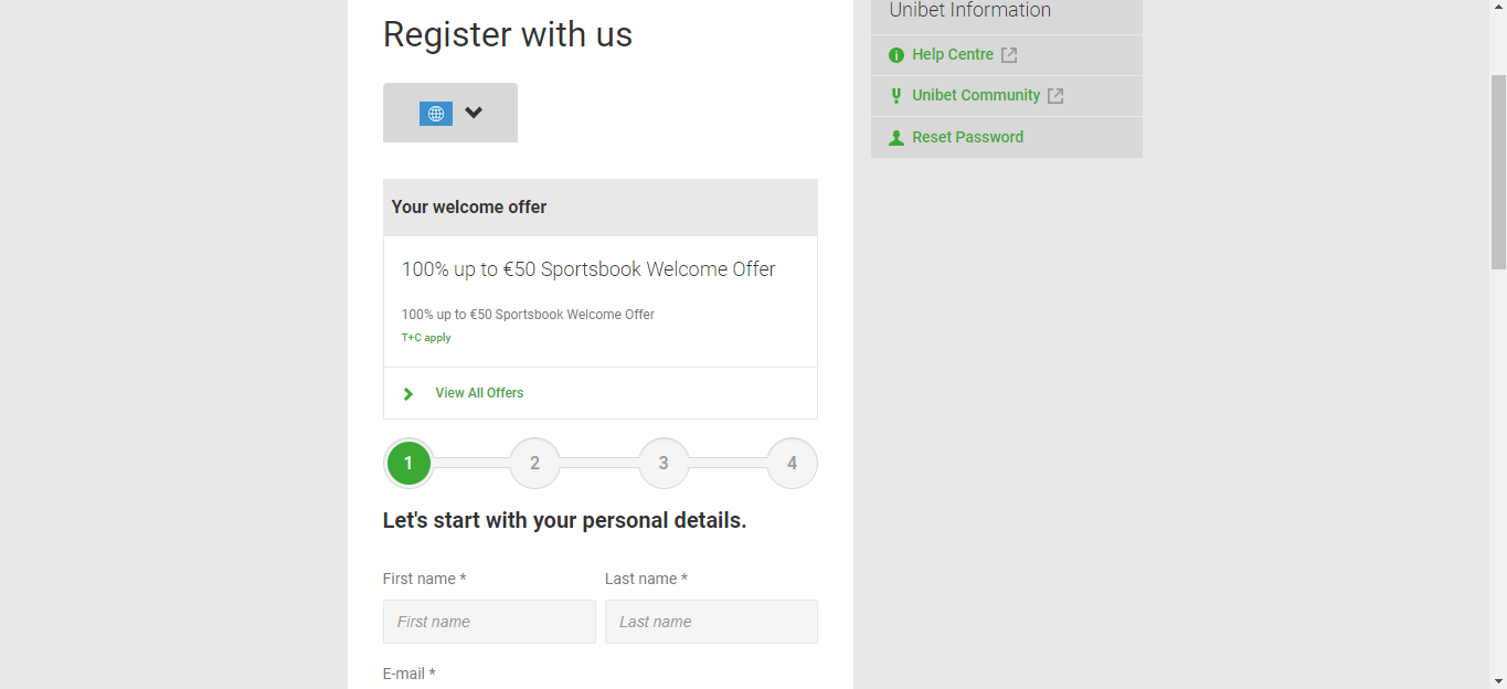 Unibet registration page