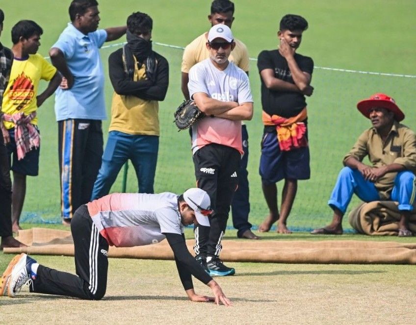 Shubman Gill taking a good look at the wicket along with coach Gautam Gambhir ahead of India's clash against South Africa.