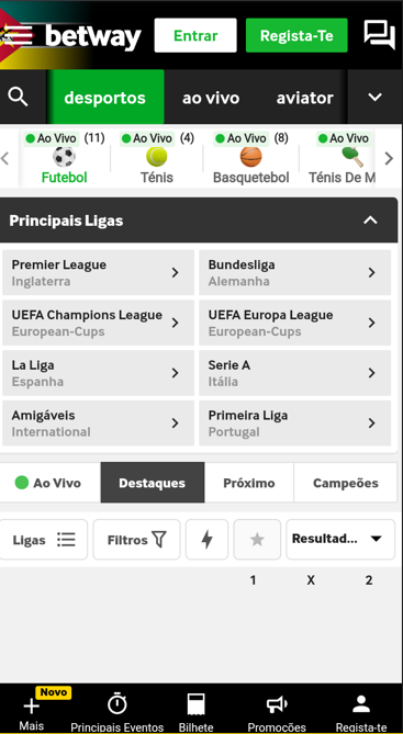 Página inicial da Betway mobile