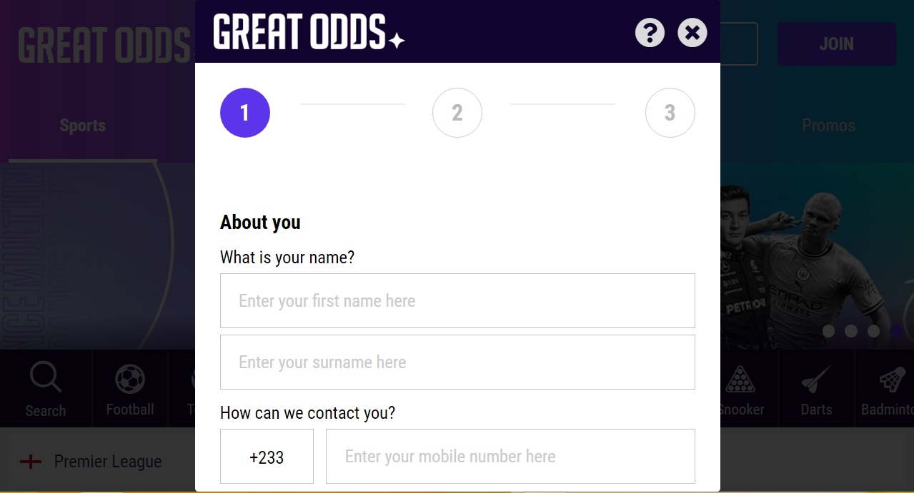 An image of the GreatOdds Ghana join form page