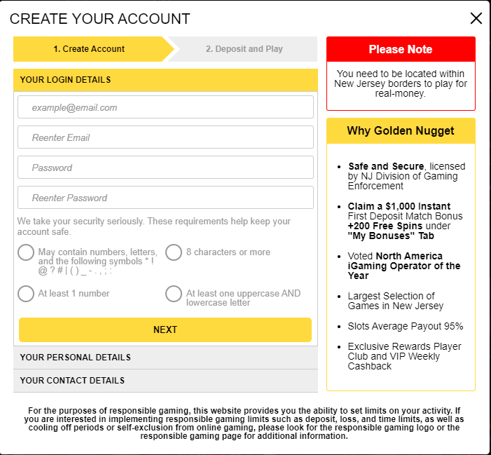 Golden Nugget registration form