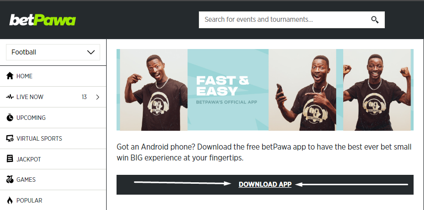 An image of the BetPawa Ghana mobile app app download page