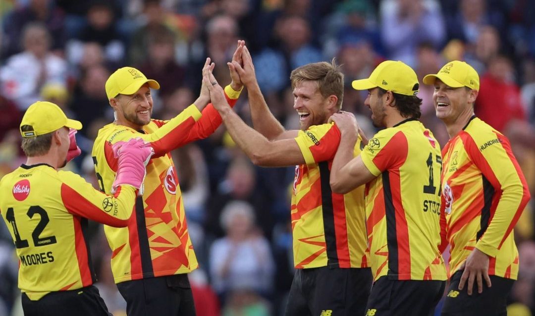 Trent Rockets players celebrate the fall of a wicket on the way to their victory over Manchester Originals in the Men's Hundred at Trent Bridge, Nottingham. @The Hundred/X